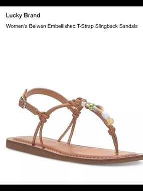 Lucky Brand Tan Beaded T‑Strap Slingback Sandals